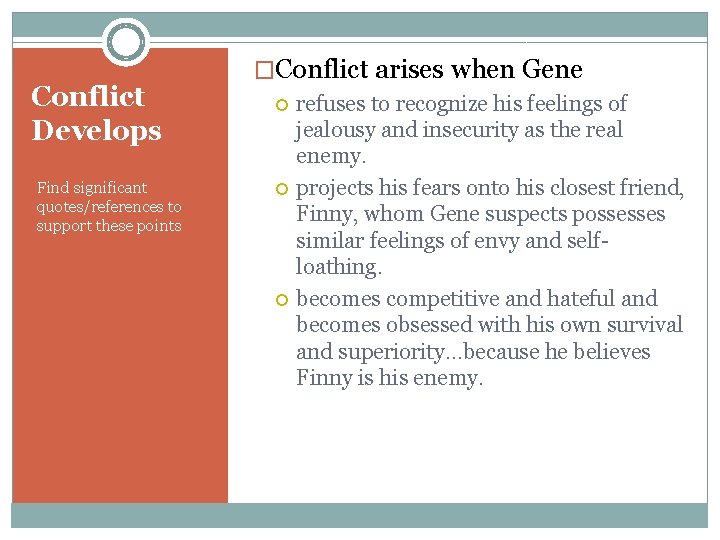 Conflict Develops Find significant quotes/references to support these points �Conflict arises when Gene refuses Conflict Develops Find significant quotes/references to support these points �Conflict arises when Gene refuses