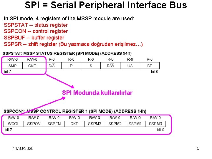 SPI = Serial Peripheral Interface Bus In SPI mode, 4 registers of the MSSP
