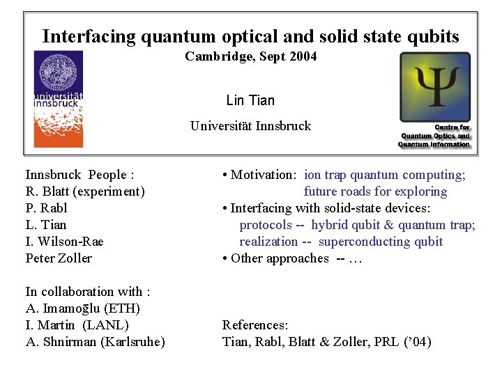 Interfacing quantum optical and solid state qubits Cambridge, Sept 2004 Lin Tian Universität Innsbruck