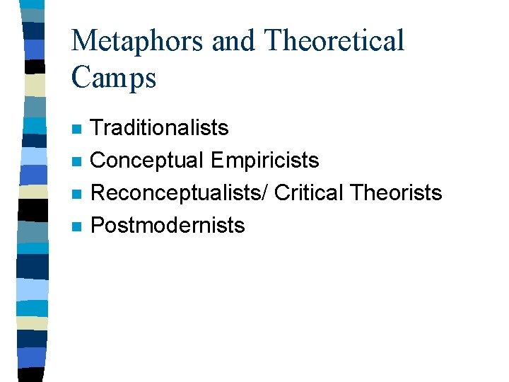 Metaphors and Theoretical Camps n n Traditionalists Conceptual Empiricists Reconceptualists/ Critical Theorists Postmodernists 