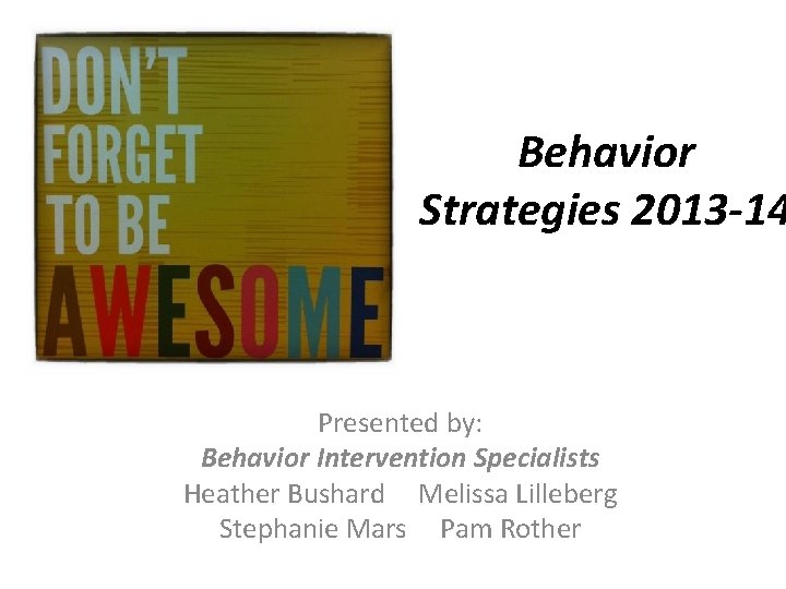 Behavior Strategies 2013 -14 Presented by: Behavior Intervention Specialists Heather Bushard Melissa Lilleberg Stephanie