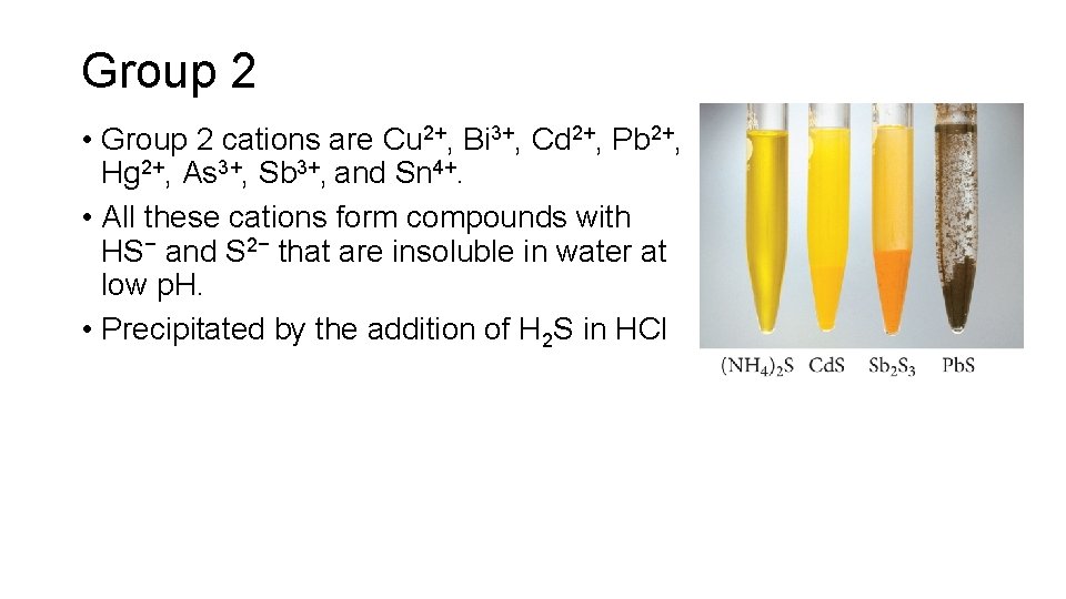 Group 2 • Group 2 cations are Cu 2+, Bi 3+, Cd 2+, Pb