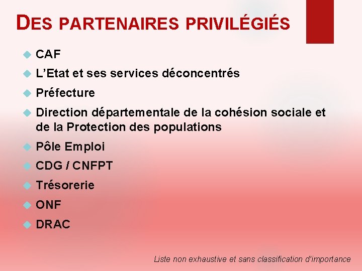 DES PARTENAIRES PRIVILÉGIÉS CAF L’Etat et ses services déconcentrés Préfecture Direction départementale de la