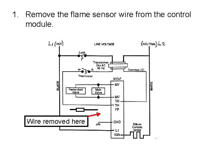 1. Remove the flame sensor wire from the control module. Wire removed here 