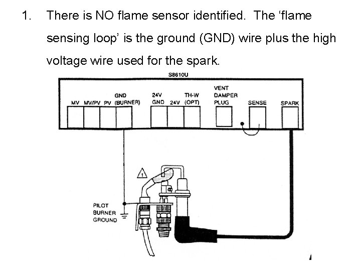 1. There is NO flame sensor identified. The ‘flame sensing loop’ is the ground