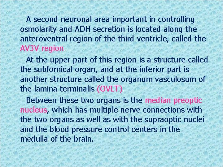 A second neuronal area important in controlling osmolarity and ADH secretion is located along