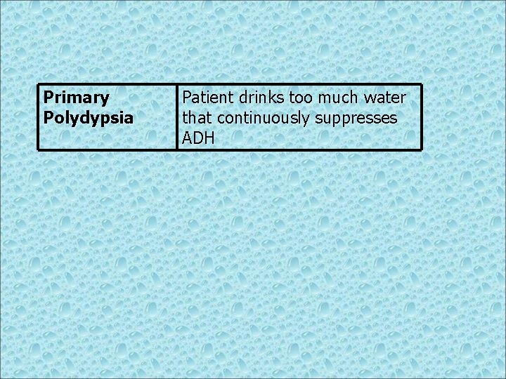 Primary Polydypsia Patient drinks too much water that continuously suppresses ADH 
