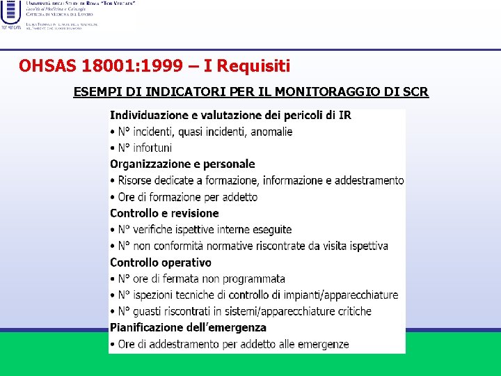 OHSAS 18001: 1999 – I Requisiti ESEMPI DI INDICATORI PER IL MONITORAGGIO DI SCR