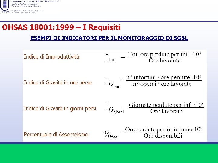 OHSAS 18001: 1999 – I Requisiti ESEMPI DI INDICATORI PER IL MONITORAGGIO DI SGSL