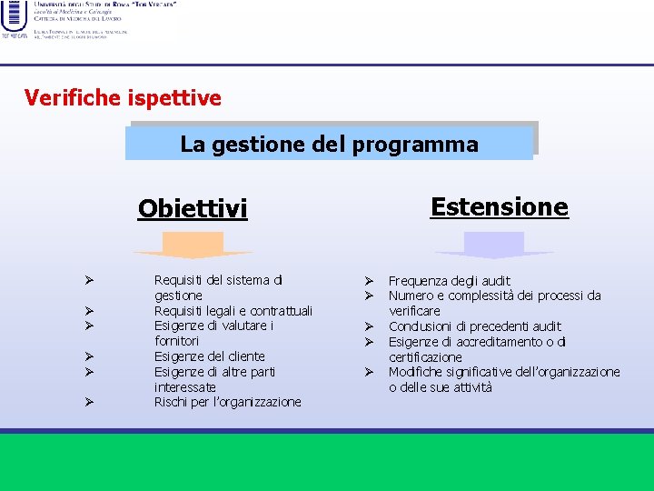 Verifiche ispettive La gestione del programma Estensione Obiettivi Ø Ø Ø Requisiti del sistema