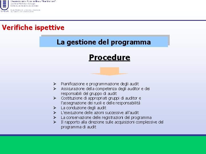 Verifiche ispettive La gestione del programma Procedure Ø Ø Ø Ø Pianificazione e programmazione