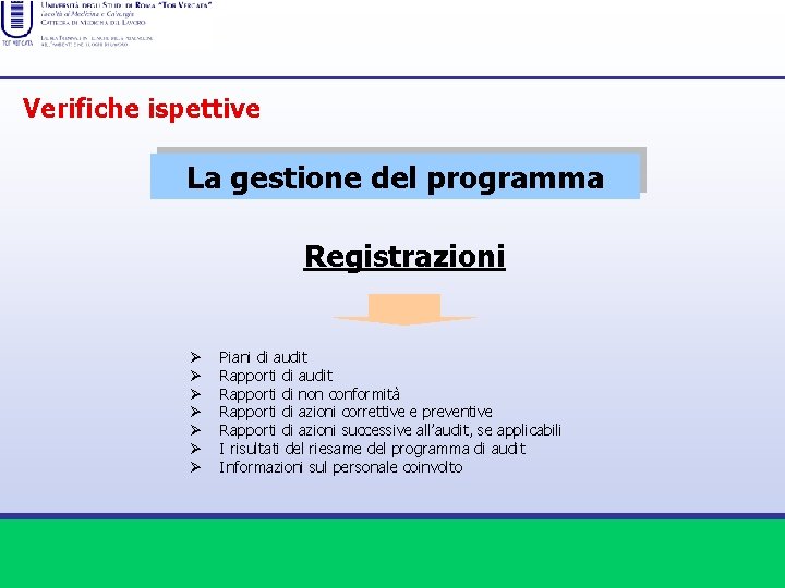 Verifiche ispettive La gestione del programma Registrazioni Ø Ø Ø Ø Piani di audit