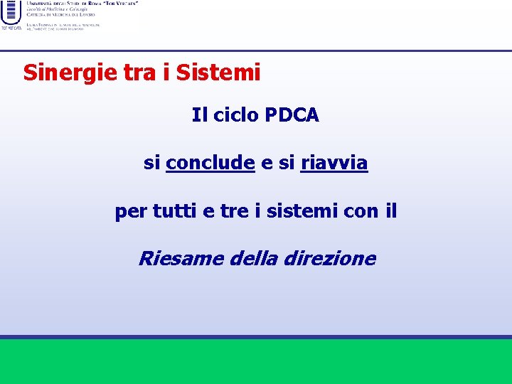 Sinergie tra i Sistemi Il ciclo PDCA si conclude e si riavvia per tutti