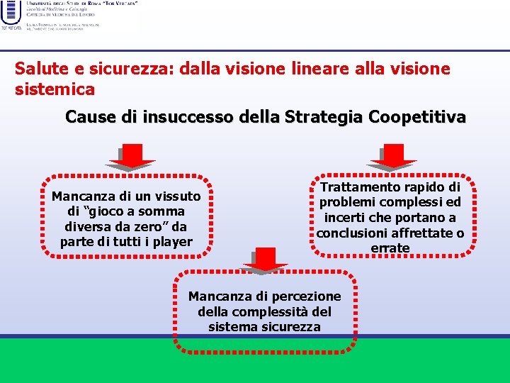 Salute e sicurezza: dalla visione lineare alla visione sistemica Cause di insuccesso della Strategia