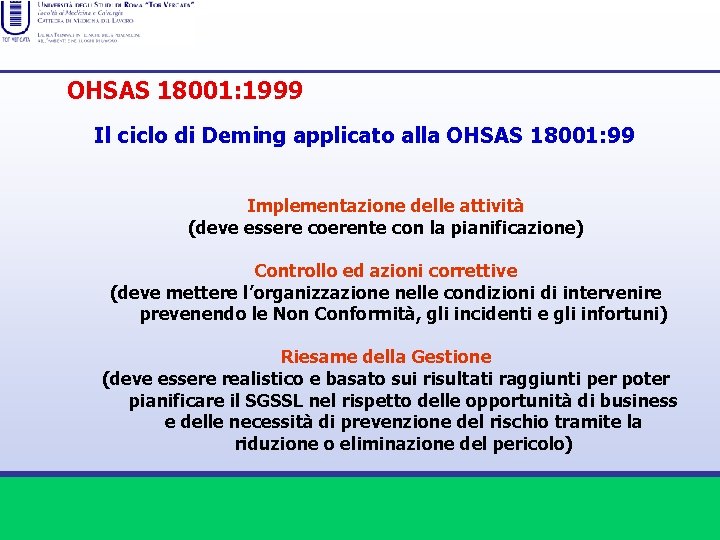 OHSAS 18001: 1999 Il ciclo di Deming applicato alla OHSAS 18001: 99 Implementazione delle