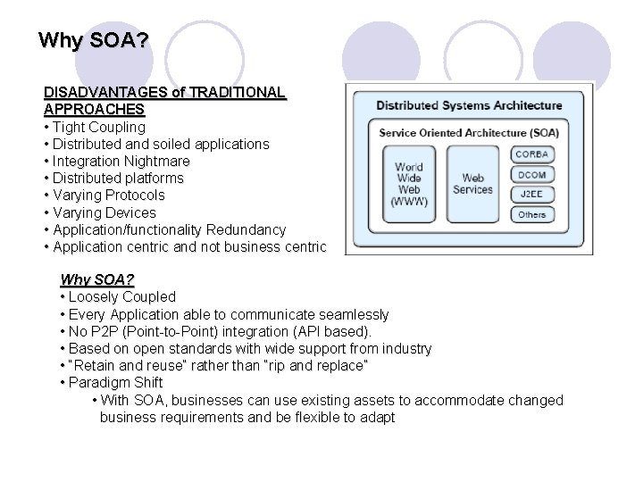 Why SOA? DISADVANTAGES of TRADITIONAL APPROACHES • Tight Coupling • Distributed and soiled applications