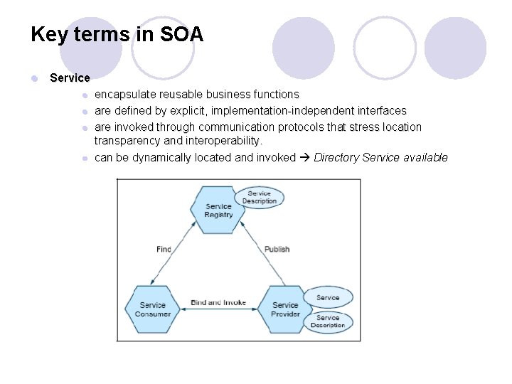 Key terms in SOA l Service l l encapsulate reusable business functions are defined