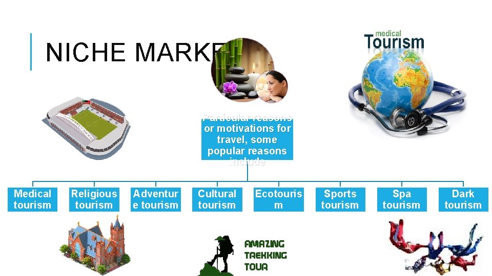 NICHE MARKETS Particular reasons or motivations for travel, some popular reasons include Medical tourism