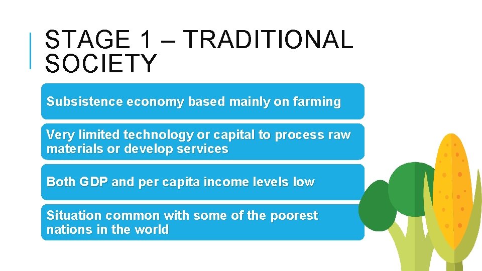 STAGE 1 – TRADITIONAL SOCIETY Subsistence economy based mainly on farming Very limited technology