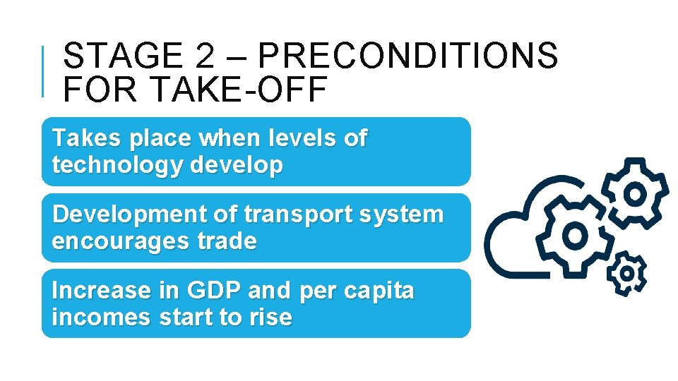 STAGE 2 – PRECONDITIONS FOR TAKE-OFF Takes place when levels of technology develop Development