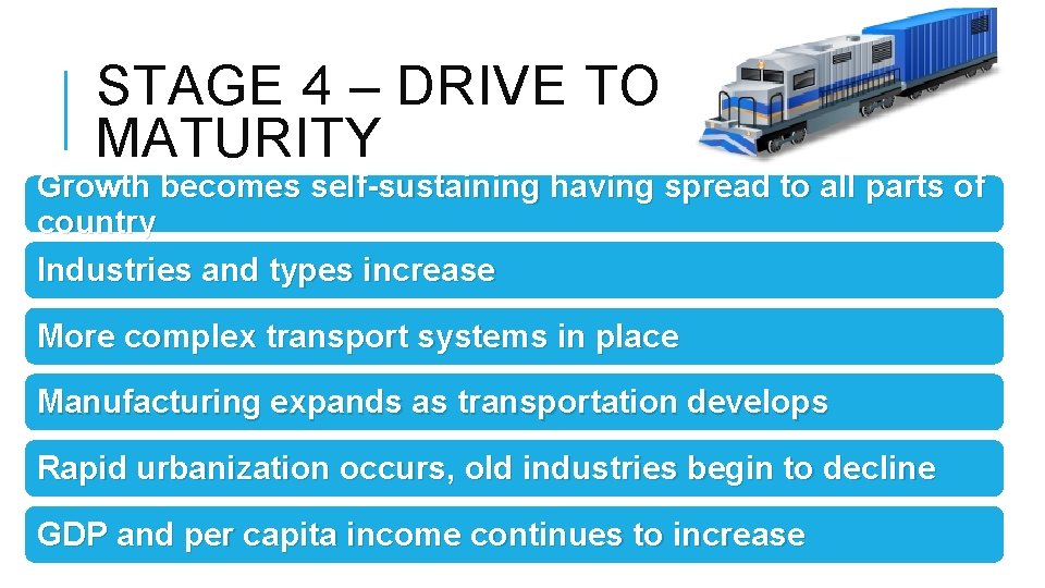 STAGE 4 – DRIVE TO MATURITY Growth becomes self-sustaining having spread to all parts