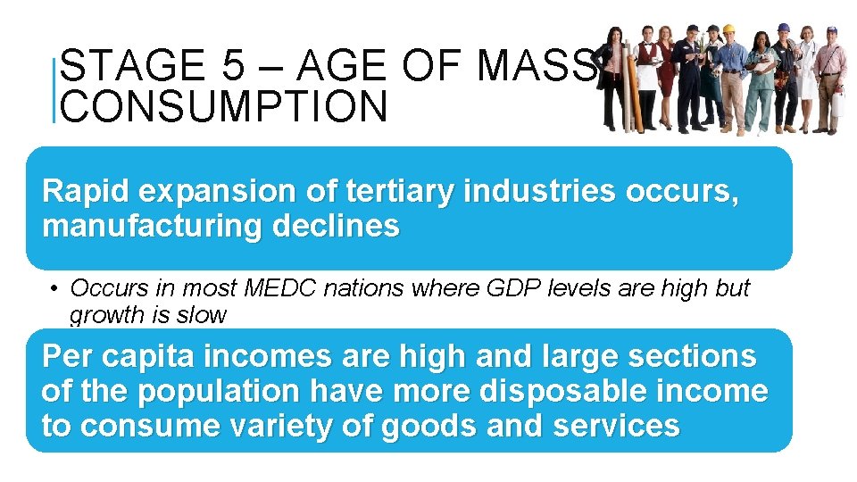 STAGE 5 – AGE OF MASS CONSUMPTION Rapid expansion of tertiary industries occurs, manufacturing