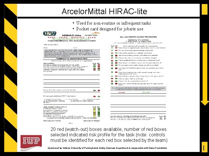 Arcelor. Mittal HIRAC-lite • Used for non-routine or infrequent tasks • Pocket card designed