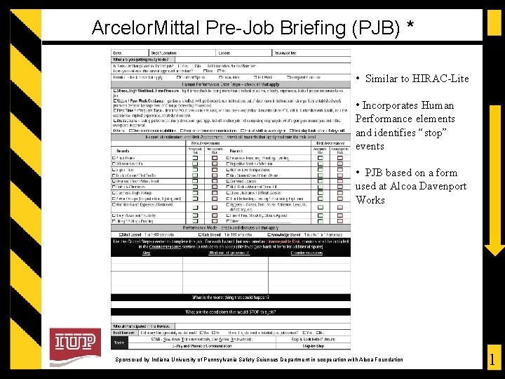 Arcelor. Mittal Pre-Job Briefing (PJB) * • Similar to HIRAC-Lite • Incorporates Human Performance