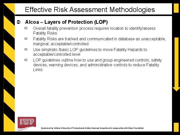 Effective Risk Assessment Methodologies Alcoa – Layers of Protection (LOP) Overall fatality prevention process