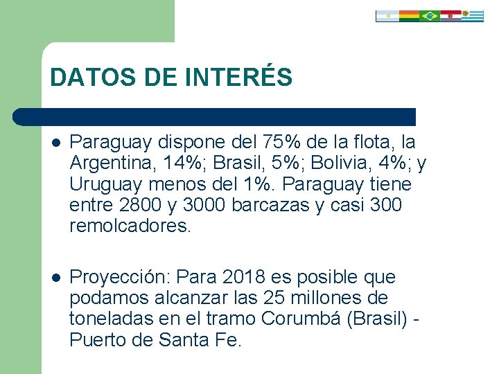 DATOS DE INTERÉS l Paraguay dispone del 75% de la flota, la Argentina, 14%;