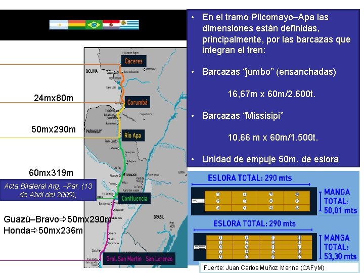  • En el tramo Pilcomayo–Apa las dimensiones están definidas, principalmente, por las barcazas