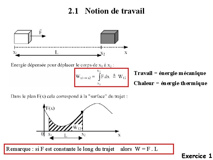 2. 1 Notion de travail Travail = énergie mécanique Chaleur = énergie thermique Remarque