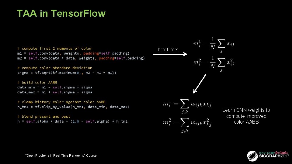TAA in Tensor. Flow box filters Learn CNN weights to compute improved color AABB