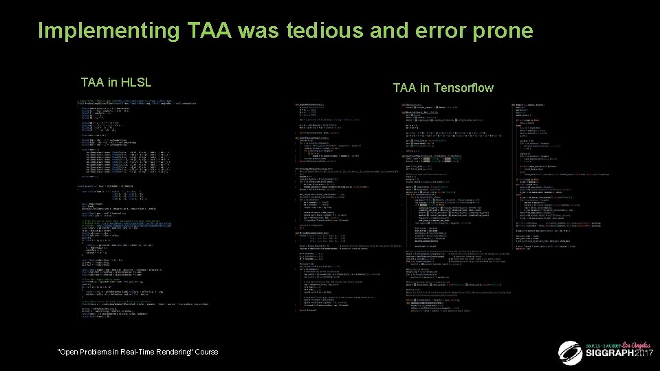 Implementing TAA was tedious and error prone TAA in HLSL 43 “Open Problems in