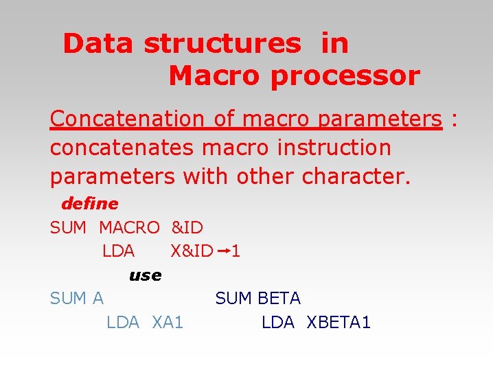 Data structures in Macro processor Concatenation of macro parameters : concatenates macro instruction parameters