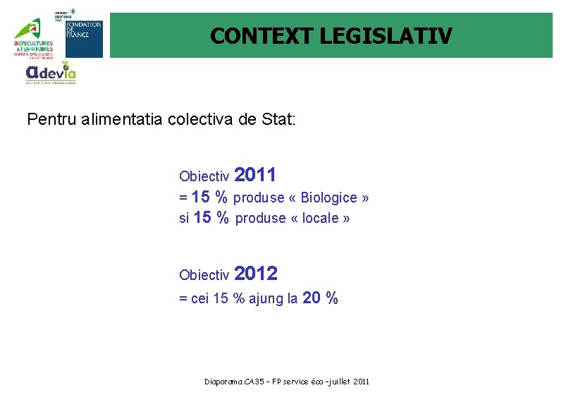 CONTEXT LEGISLATIV Pentru alimentatia colectiva de Stat: Obiectiv 2011 = 15 % produse «