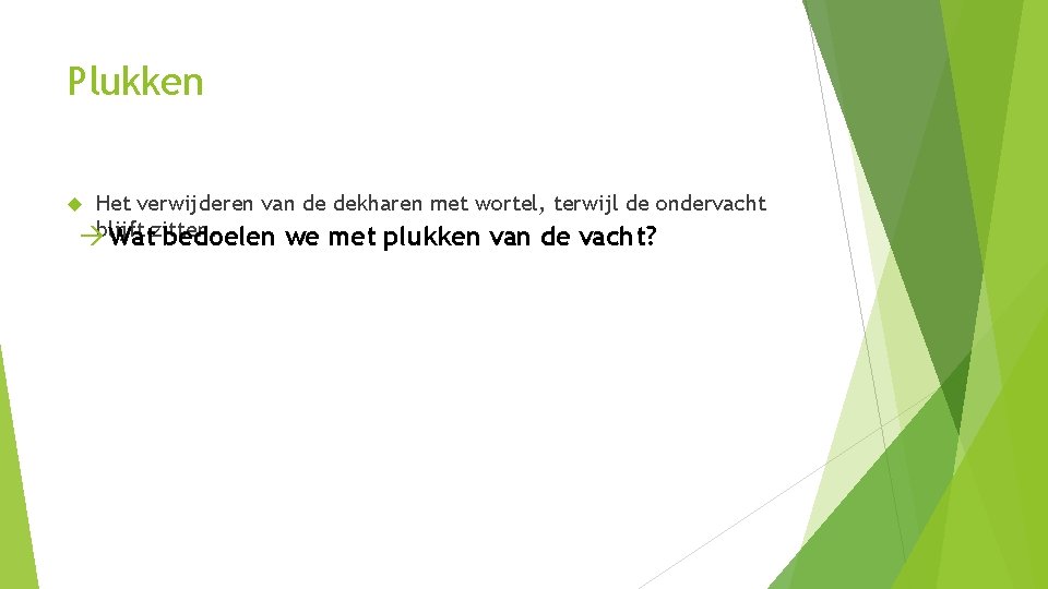 Plukken Het verwijderen van de dekharen met wortel, terwijl de ondervacht blijft Watzitten. bedoelen