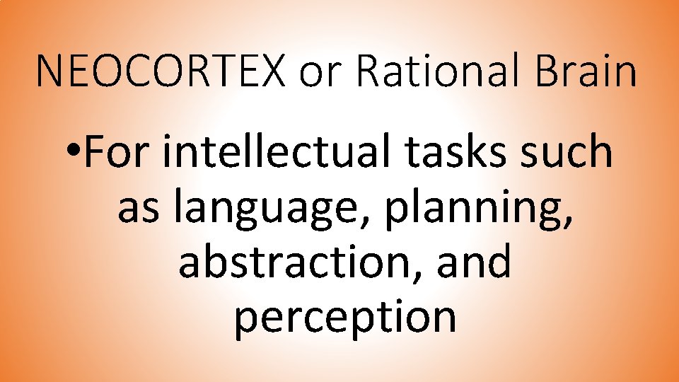 NEOCORTEX or Rational Brain • For intellectual tasks such as language, planning, abstraction, and