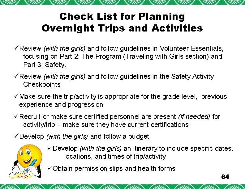 Check List for Planning Overnight Trips and Activities üReview (with the girls) and follow
