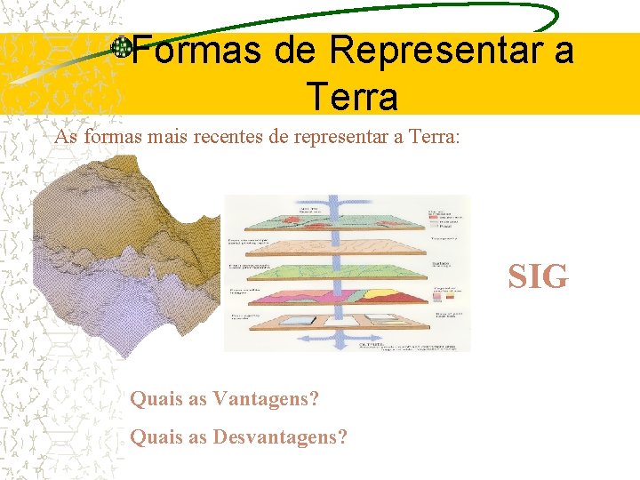 Formas de Representar a Terra As formas mais recentes de representar a Terra: SIG