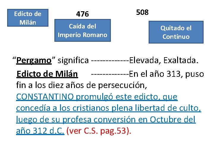 Edicto de Milán 476 Caída del Imperio Romano 508 Quitado el Continuo “Pergamo” significa Edicto de Milán 476 Caída del Imperio Romano 508 Quitado el Continuo “Pergamo” significa