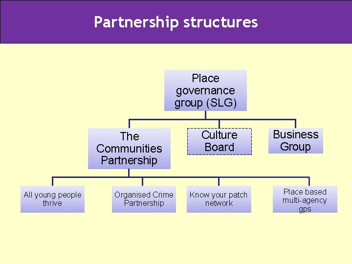 Partnership structures Place governance group (SLG) The Communities Partnership All young people thrive Organised