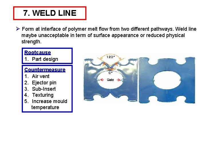 7. WELD LINE Ø Form at interface of polymer melt flow from two different