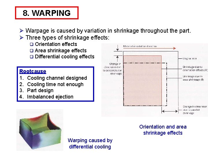 8. WARPING Ø Warpage is caused by variation in shrinkage throughout the part. Ø