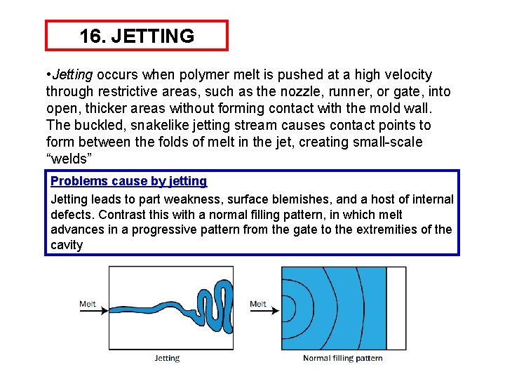 16. JETTING • Jetting occurs when polymer melt is pushed at a high velocity