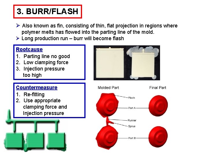 3. BURR/FLASH Ø Also known as fin, consisting of thin, flat projection in regions