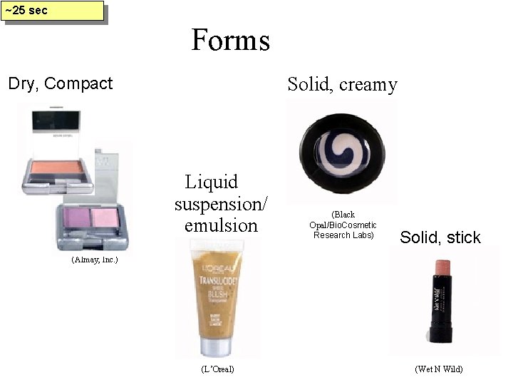 ~25 sec Forms Solid, creamy Dry, Compact Liquid suspension/ emulsion (Black Opal/Bio. Cosmetic Research