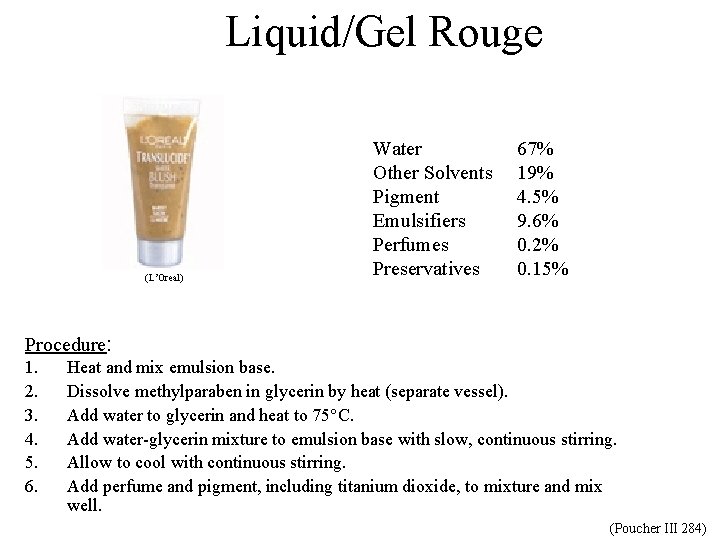 Liquid/Gel Rouge (L’Oreal) Procedure: 1. 2. 3. 4. 5. 6. Water (softened or distilled)