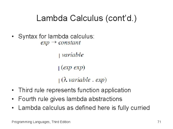 Lambda Calculus (cont’d. ) • Syntax for lambda calculus: • Third rule represents function