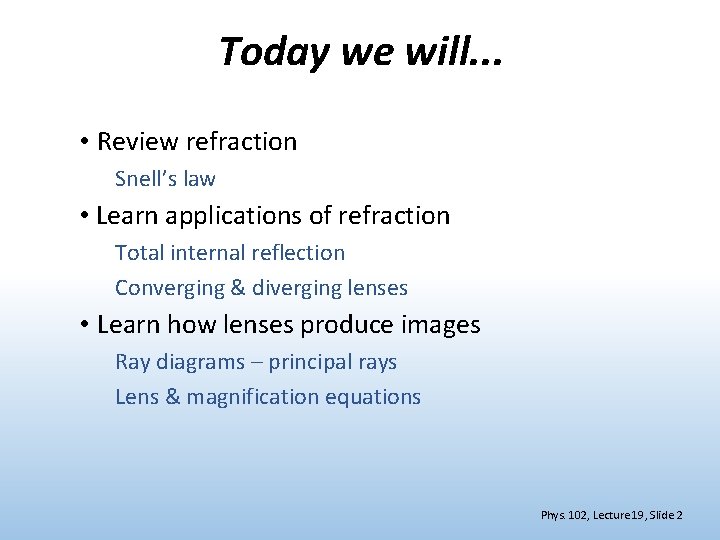 Today we will. . . • Review refraction Snell’s law • Learn applications of